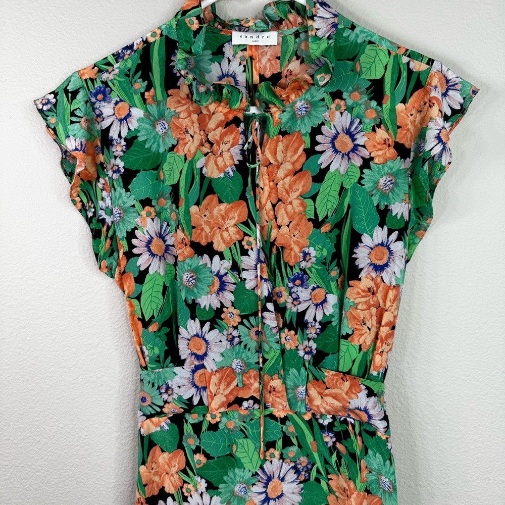 Sandro Paris Maline Silk Dress Size 2 Floral MIDI XS Wedding Guest - Picture 5 of 14